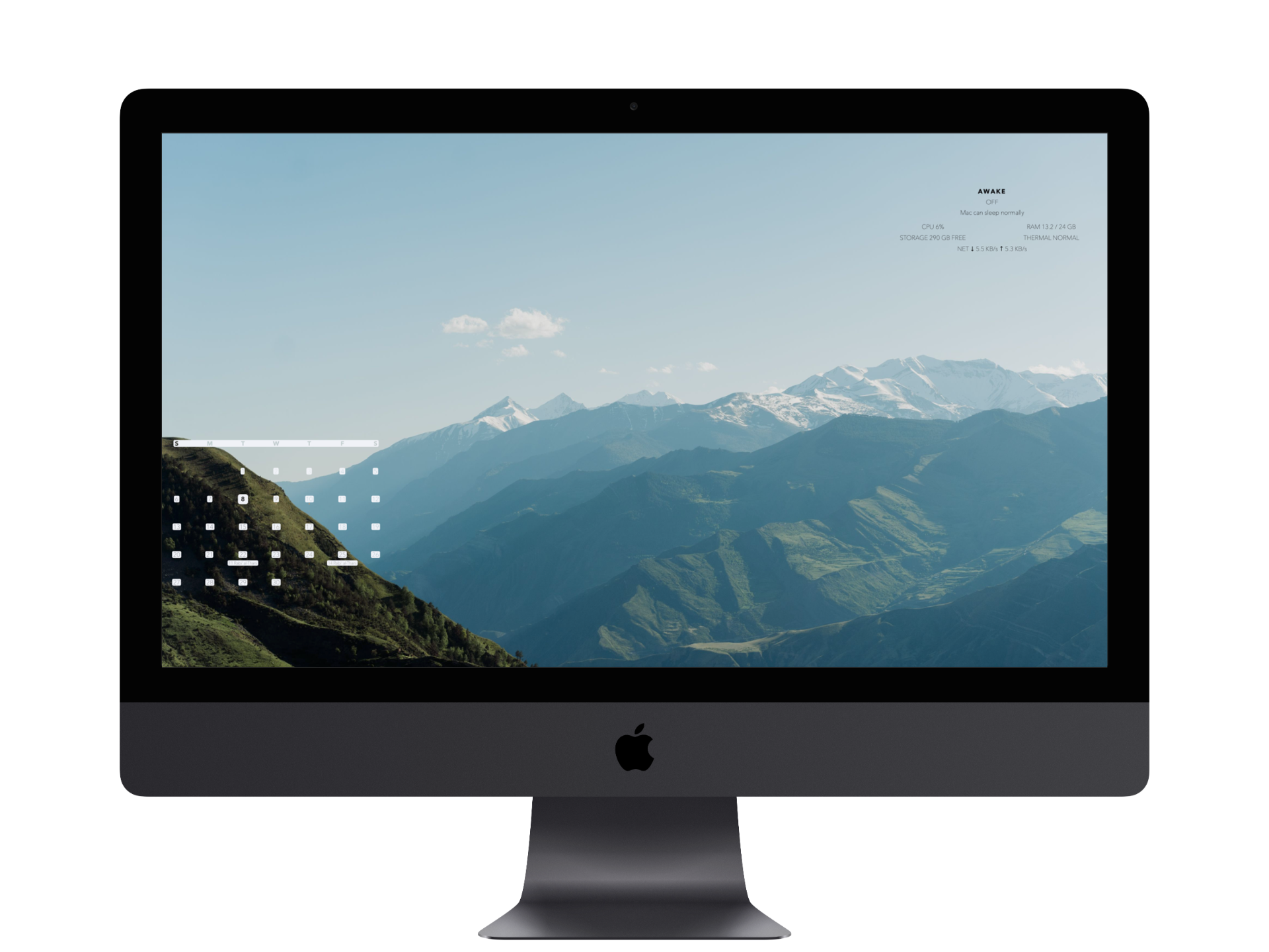 BackDrop on an iMac with Awake status and system metrics above a mountain wallpaper