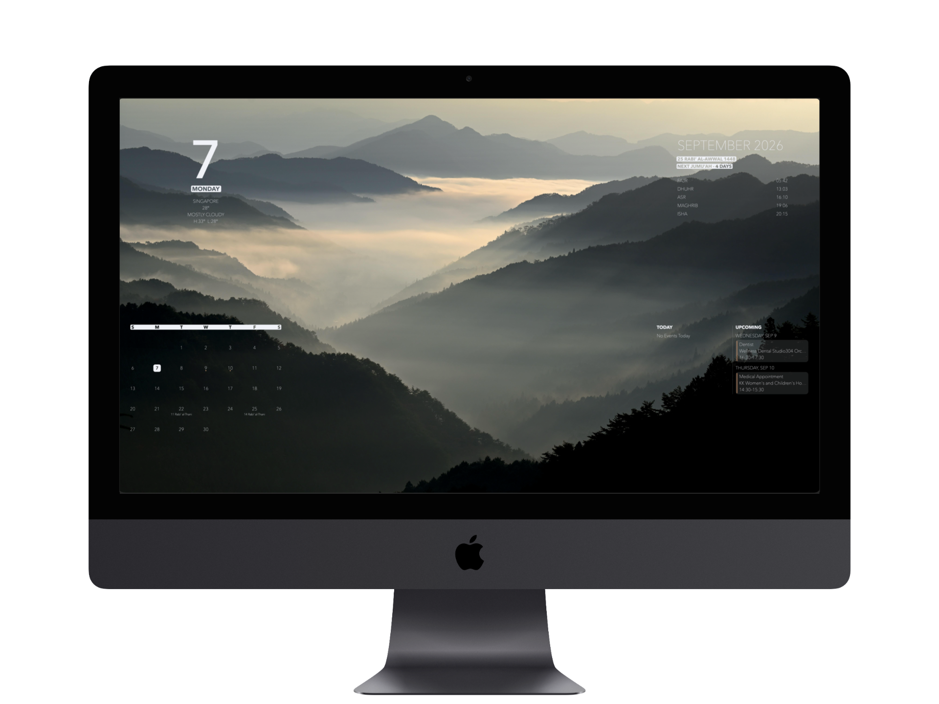 BackDrop displayed on an iMac with date, weather, calendar, Hijri context, prayer times, and an upcoming event