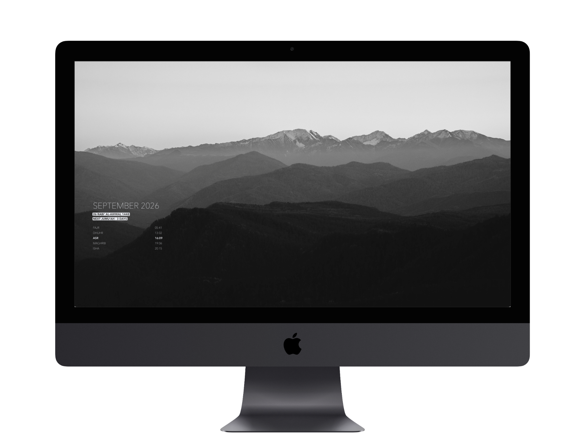 BackDrop prayer times and Hijri context displayed on an iMac