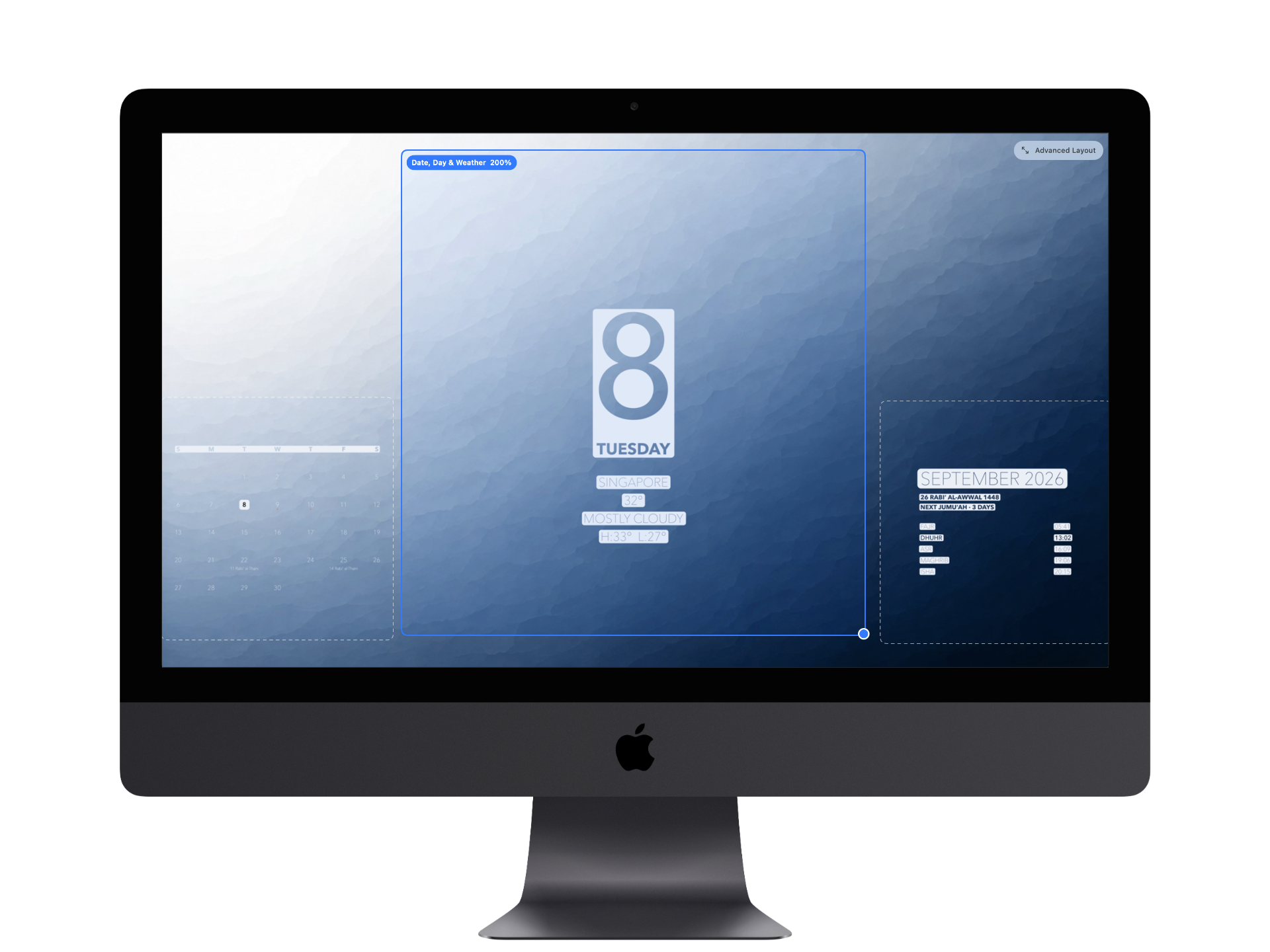 BackDrop’s Advanced layout editor on an iMac, with Date and Day selected alongside the calendar and prayer times