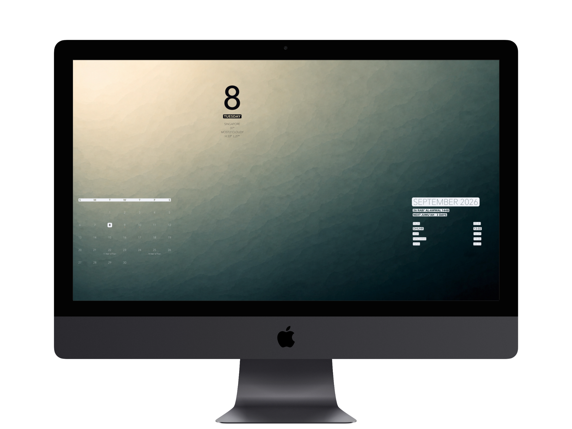 BackDrop on an iMac showing the date, weather, calendar and prayer times on a built-in background
