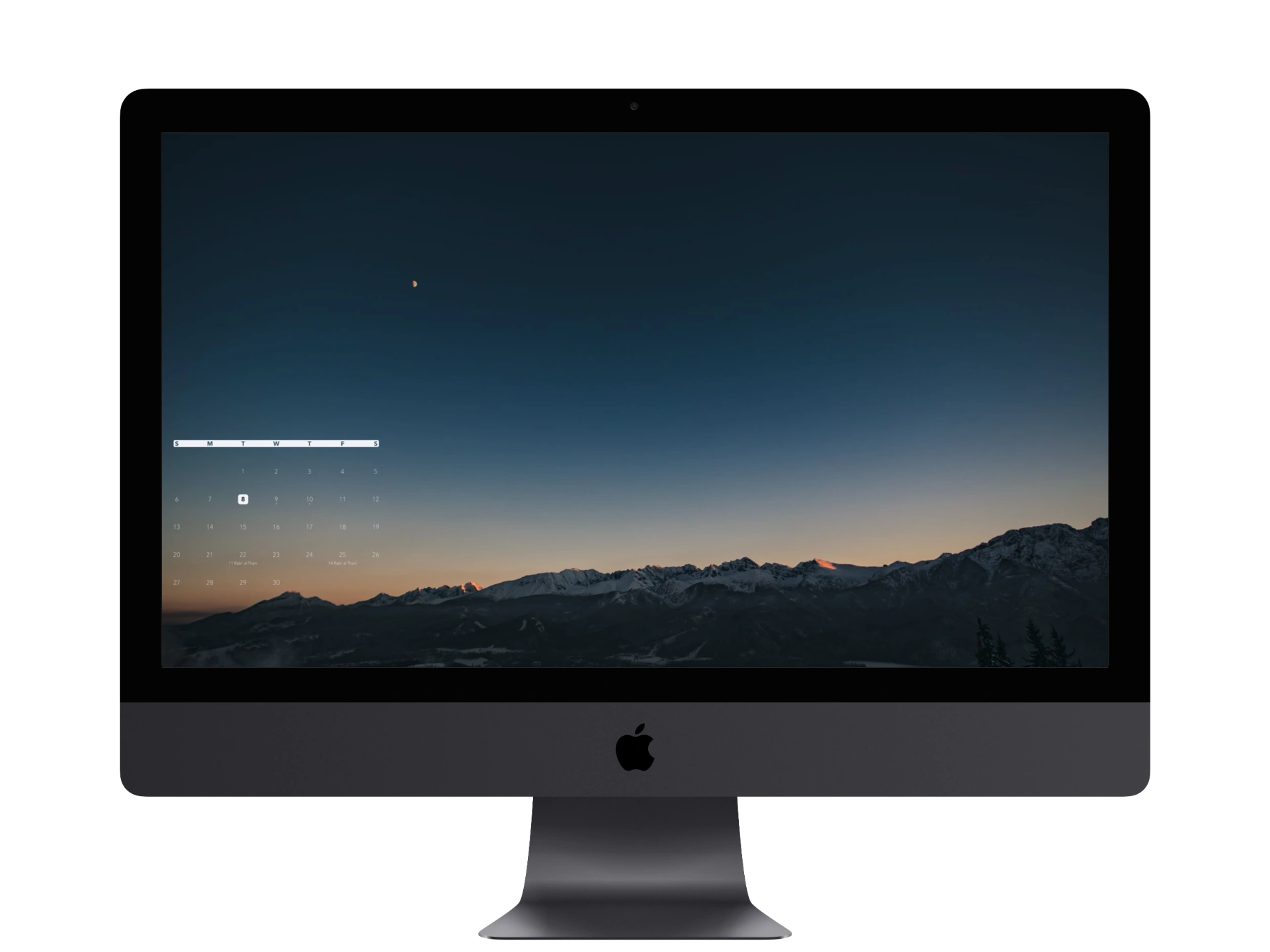 A user-selected mountain landscape at dusk with a calendar displayed on an iMac